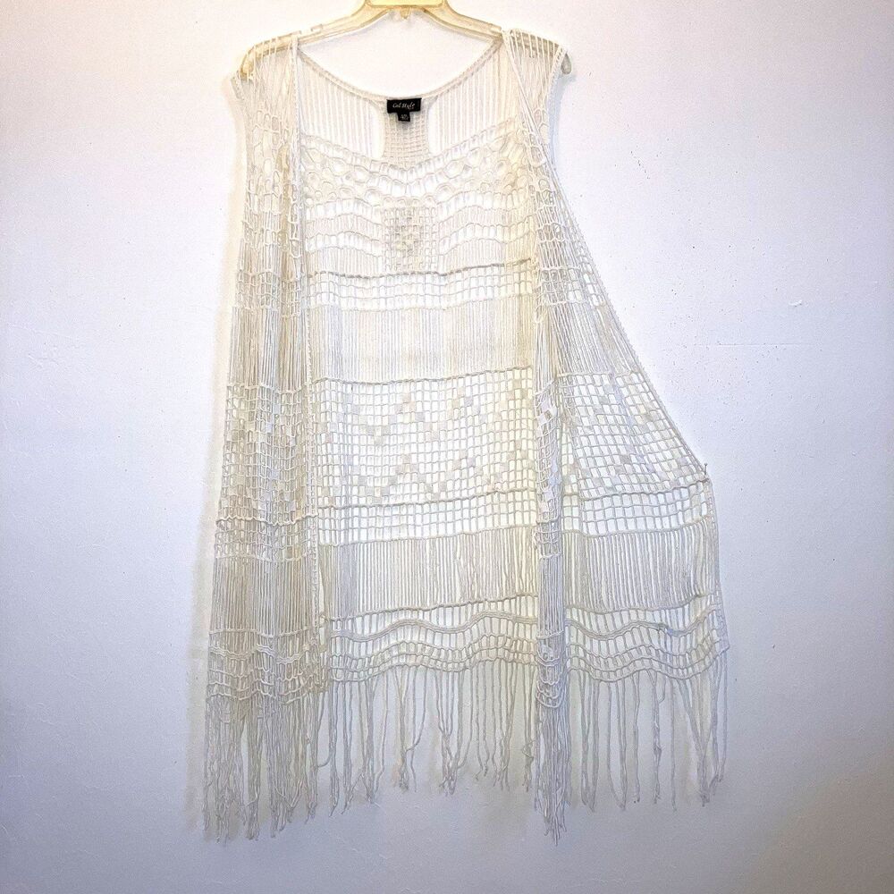 CAL STYLE 2X 100% Cotton Crochet Sleeveless Duster Tunic Top Ivory White 2XL Plu